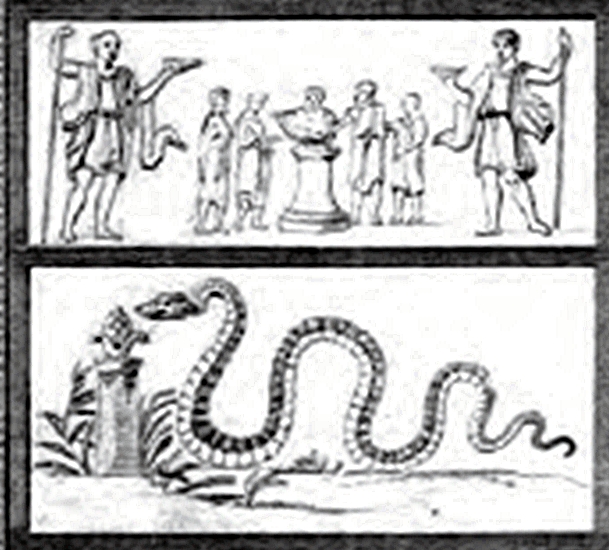 IV.4.g Pompeii. Drawing of the painting found above a street altar between IV.4.f and IV.4.g. In the middle are a round altar with five small figures in long white tunics. In the centre behind the altar is a Tibicen. On either side are pairs of Vicomagistri with right arms outstretched to the altar.  Two large Lares flank the scene. In the lower zone is a snake approaching from the left to an altar with eggs and fruit on it. See Fr�hlich, T., 1991. Lararien und Fassadenbilder in den Vesuvst�dten. Mainz: von Zabern. (p.315, F24)
