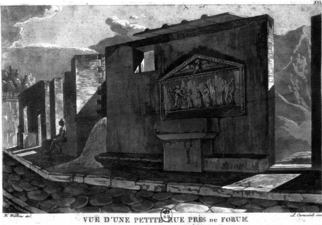 VII.7.22 Pompeii. c.1819. Drawing by Wilkins, described as a View of a small road near the Forum.
Looking south on Vicolo dei Soprastanti towards altar with stucco relief above it.
See Wilkins H, Suite des Vues Pittoresque des ruines de Pompei, 1819, p. 15 e pl. XVI.
