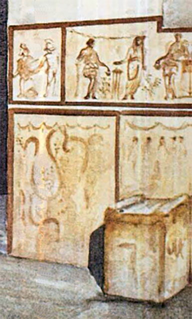 Street shrine outside IX.12.7. Detail from 1912 photograph. According to Fröhlich , on the south side to the left was a pig's head in profile and to the right was an older, translucent pigs head. The altar was decorated with sausages and pigs heads. See Fröhlich, T., 1991. Lararien und Fassadenbilder in den Vesuvstädten. Mainz: von Zabern. (p. 339, F71, T: 58,2).