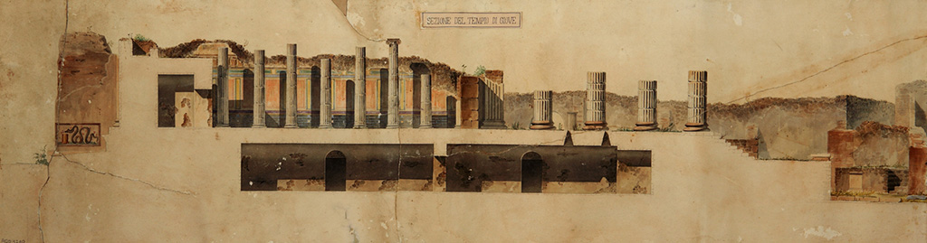 Arched entrance in north-west corner of Forum. Painting c.1843 by Pasquale Maria Veneri of a section of west side of the Temple of Jupiter.
It also shows the only known representation of the lararium painting on the inner east side of the arched entrance.
Now in Naples Archaeological Museum. Inventory number ADS1210.
On the left, starting in the Via dei Soprastanti, the painting shows the street lararium painted on the pier of the arch known as Caio or Lucio Cesare, not documented in any other design. 
Also shown are the vaulted rooms beneath the podium.
Photo © ICCD. http://www.catalogo.beniculturali.it
Utilizzabili alle condizioni della licenza Attribuzione - Non commerciale - Condividi allo stesso modo 2.5 Italia (CC BY-NC-SA 2.5 IT)
