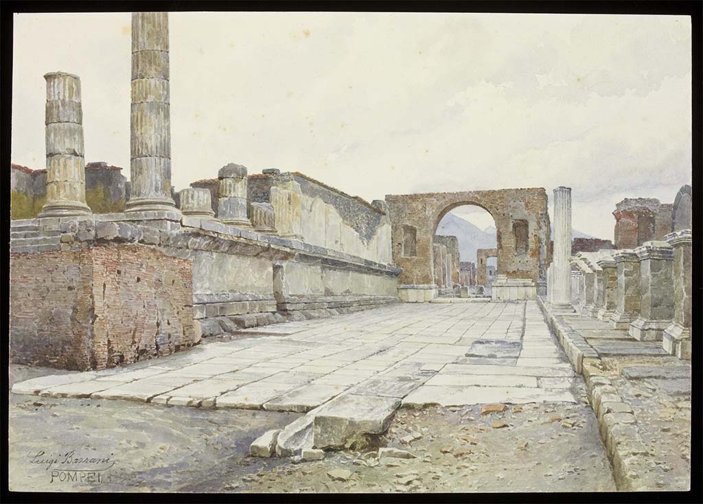 Arch of Nero. Undated watercolour painting by Luigi Bazzani looking north from site of arch to arch at north-east end of the Forum.
Photo  Victoria and Albert Museum, inventory number 1419-1901.
