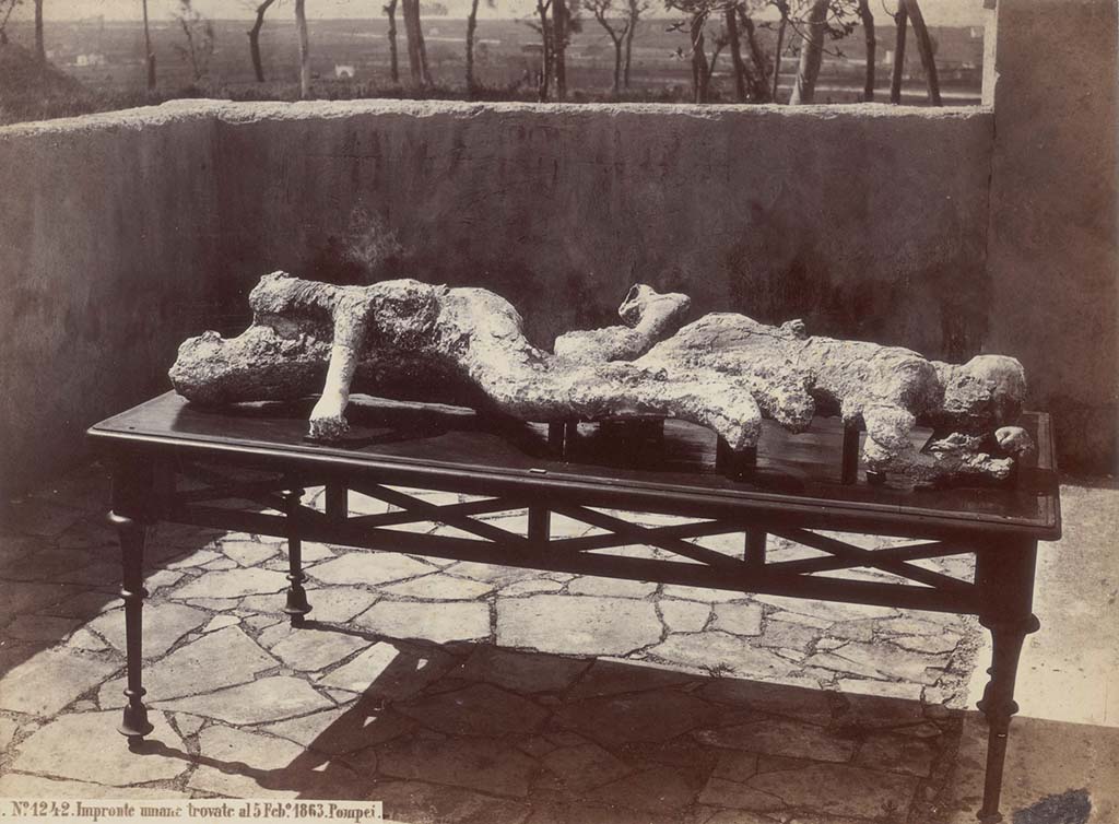 Victims numbered 2 and 3. Note that the date of the find is given as 5th Feb 1863. G Sommer photo no. 1242. Photo courtesy of Eugene Dwyer.
In his description of these plaster-casts in his Guida di Pompei, 1877, Fiorelli described –
“Two women [nos. 2 and 3], one next to the other. The older resting on her side; the younger face down, with her face in her arm. 
(Reg.VII, Insula XIV, via quarta).”
See Fiorelli, Guida di Pompei, [Rome, 1877,] p.88-89. 
See Dwyer, E., 2010. Pompeii’s Living Statues. Ann Arbor: Univ of Michigan Press, (p.94).
The sex of victim 2 and victim 3 is not definable.
See Osanna, N., Capurso, A., e Masseroli, S. M., 2021. I Calchi di Pompei da Giuseppe Fiorelli ad oggi: Studi e Ricerche del PAP 46, p. 319, Calco n. 2, p. 323, Calco n. 3.

