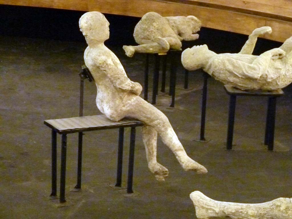VII.16.17-22 Pompeii. September 2015. Exhibit from the Summer 2015 exhibition in the amphitheatre.
Plaster cast of victim 48, on left, found huddled together with the others on the stairs that led to the ground floor.

