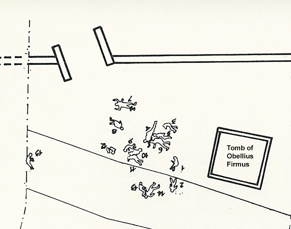 NGOF Pompeii. 1979. Plan of location of 15 bodies found by the tomb of Obellius Firmus. Plan after Stefano De Caro.
Victim 56 is number 3
See De Caro S., 1979. Scavi nell’area fuori Porta Nola a Pompei: Cronache Pompeiane V, (p. 62, fig. 1). 

