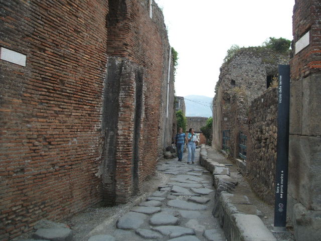 VII.5.8 Pompeii.  Side wall.    Vicolo delle Terme looking south             VII.6     