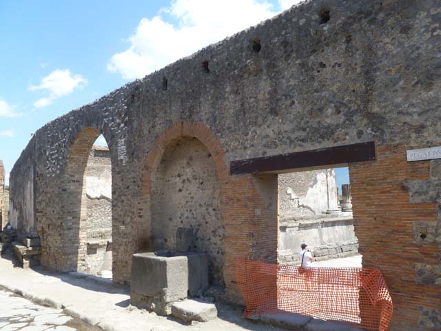 VII.8 Forum. December 2005. Fountain outside north wall with relief of head of dog.