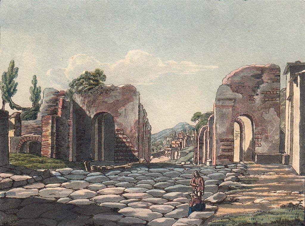 Porta Ercolano or Herculaneum Gate, Pompeii. Pre-1824 aquatint “Porte de la Ville dite Herculana” by Jakob Wilhelm Huber (1787-1871).
Looking north to Gate, with VI.17.1, on left.

