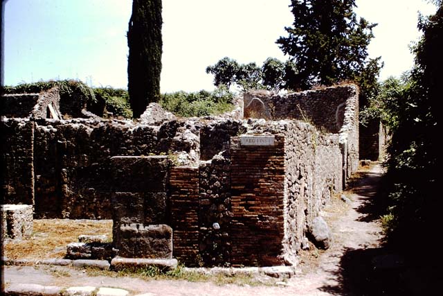 I.1.1 Pompeii. September 2005. Looking east from Via Stabiana towards the double entrance, divided by a pillar. According to Fiorelli, the Caupona was held by an Epagato, that had a deformity of either his head or his body (del capo o del corpo), and because of this he was called “cilo”, and this name was found on a pillar to the right of the entrance in an electoral recommendation (now  no longer there) – 
CEIVM . II . V.I.D 
EPAGATVS . GYLO
      ROG
According to Della Corte, the electoral recommendation read:  “EPAGATUS COPO ROG(AT)”  [CIL IV. 1015]
See Pappalardo, U., 2001. La Descrizione di Pompei per Giuseppe Fiorelli (1875). Napoli: Massa Editore. P.32, in which he writes that he cannot concede the correction proposed by Zangmeister of  CITO or COPO (CIL. IV.1015), as he says the upper part of a Y and the lower part of an L, were visible.

