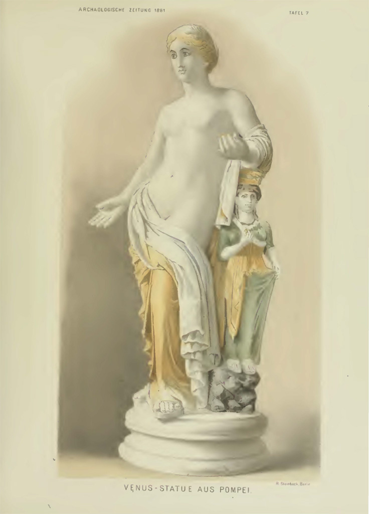 1.2.17 Pompeii. Painting by K Dilthey of polychrome statue of Venus from niche in east wall of peristyle.
See Dilthey K. 1881. Polychrome Venusstatuette in Archäologische Zeitung (DAI) 1881, pp. 131-7, Tafel 7.
