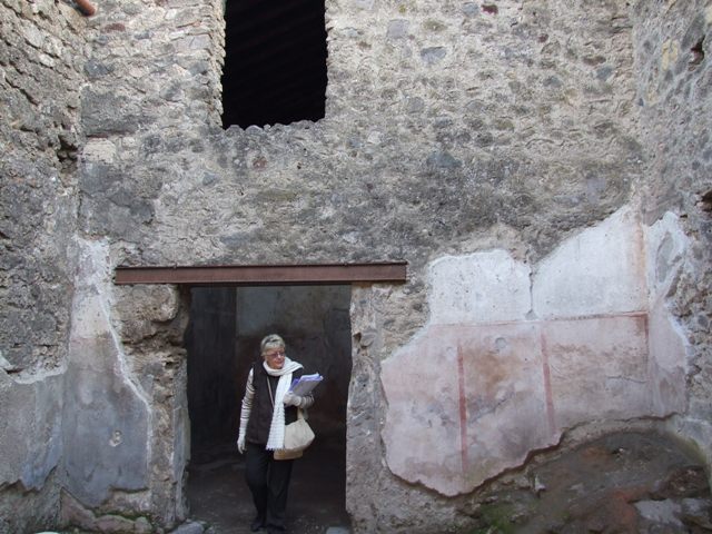 I.6.10 Pompeii. December 2007. South wall of rear room with remains of painted plaster.