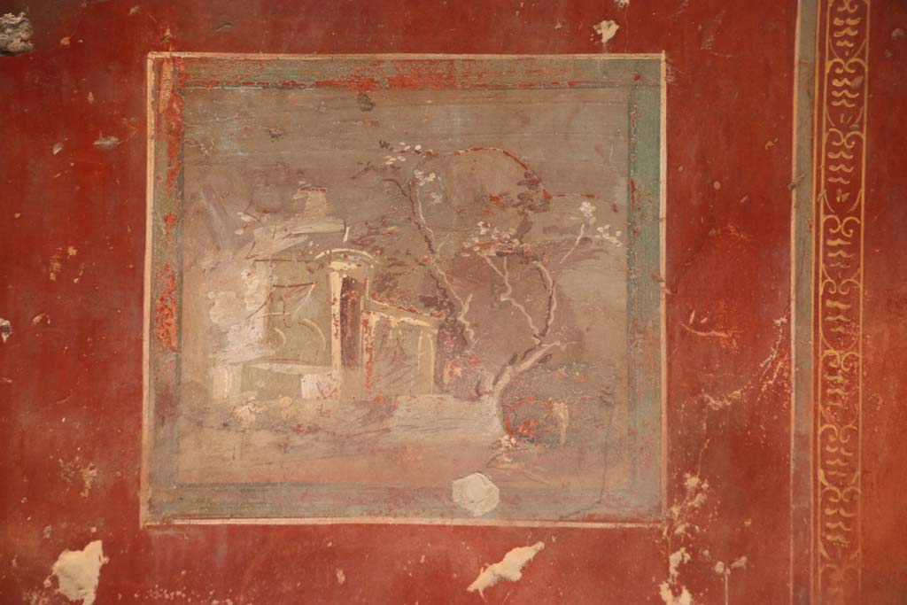 I.7.3 Pompeii. September 2017. Detail of painting of temple found in centre of painted west wall in south-west corner of atrium.
Photo courtesy of Klaus Heese.

