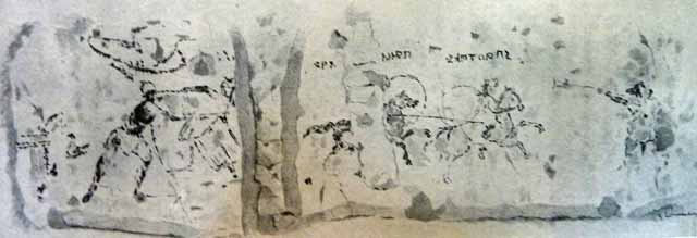 I.7.7 Pompeii. Detail from ancient combat wall painting. Two fighters on horseback, armed with round shields. One pursues the other and wounds him with a long lance. On the far right a figure with the head of an animal is playing a long trumpet.