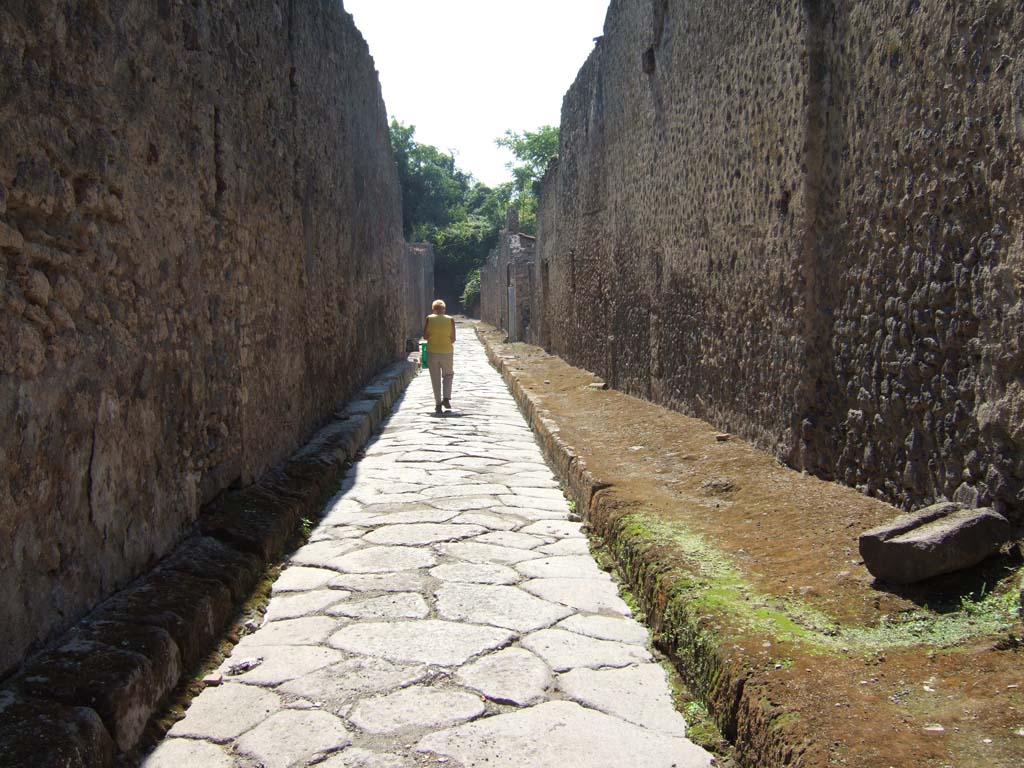 I.9 Pompeii, on left. September 2005.               Roadway looking south.                                 Side wall of I.8.9, on right.