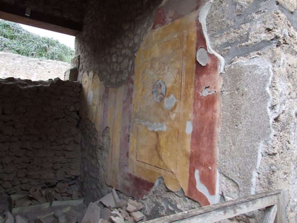 I.11.6 Pompeii. March 2009. East wall of entrance fauces with female bust and triangular patterned border.
