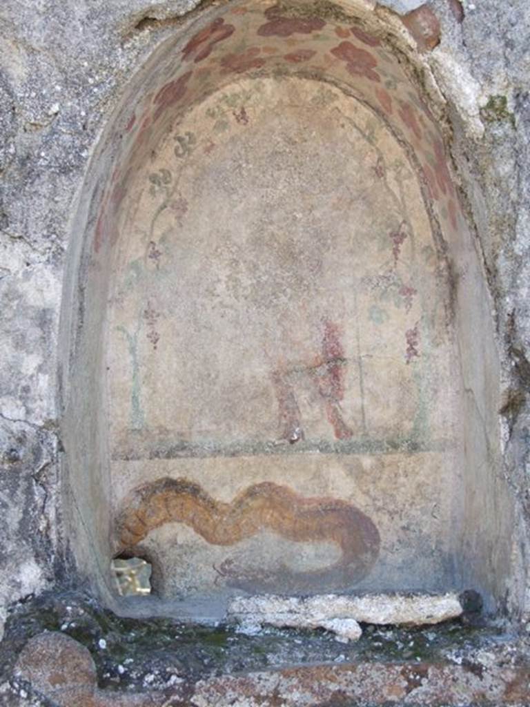 I.12.16 Pompeii.  March 2009.  Room 1. Atrium.  South wall. Niche.  On the back wall stands Bacchus wearing a red mantel and holding a Thyrsus.  Underneath is a painted brown serpent that appears to come from a real hole in the bottom left corner.  See Frhlich, T., 1991. Lararien und Fassadenbilder in den Vesuvstdten. Mainz: von Zabern. (L28, T:29,1).