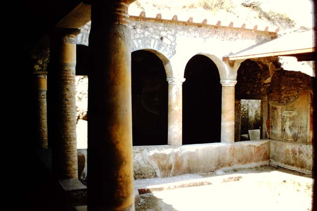 I.17.4 Pompeii. May 2006. Open area or yard on south side of peristyle garden. Remains of stone stairs base against south wall.