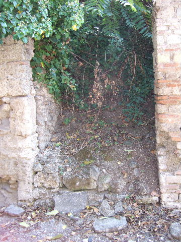 I.19.4 Pompeii. September 2005. Entrance doorway, looking south.
According to Della Corte, an electoral recommendation written to the left of the entrance doorway, proved that a certain Earinus lived here. [CIL IV 7387]  Another recommendation found here mentioned a new interesting facetious group of electors, written to discredit the unknown candidate.  Unfortunately only the second line of it was readable. “Drapetae omnes (rogant)”   The translation of  the “Drapetae” would have been “the fugitive or runaway slaves”!  [CIL IV 7389]  See Della Corte, M., 1965.  Case ed Abitanti di Pompei. Napoli: Fausto Fiorentino. (p.306)
According to Epigraphik-Datenbank Clauss/Slaby (See www.manfredclauss.de), these read as –
L(ucium) Albucium Celsum 
aed(ilem)  o(ro)  v(os)  f(aciatis)  Earinu s  rogat  d(ignum)  r(ei)  p(ublicae)      [CIL IV 7387]
Drapetae omnes      [CIL IV 7389]
According to Varone and Stefani, these were found to the east (left) of the entrance of I.19.4, but are no longer conserved.
See Varone, A. and Stefani, G., 2009. Titulorum Pictorum Pompeianorum, Rome: L’erma di Bretschneider, (p.172-3 with photos)
