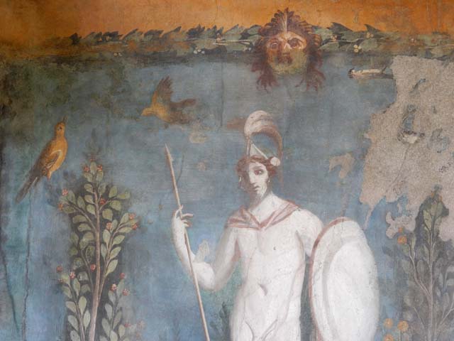 II.3.3 Pompeii. December 2006. Room 17, exterior west side of sacellum.
Wall painting of crater, fountain and tree.