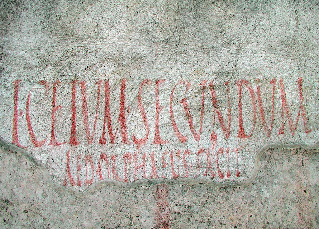 II.4.10 Pompeii. July 2014. Exterior west wall on north side of doorway in Vicolo di Giulia Felice with layers of painted inscription. 
The words are:
L•CEIVM•SECVNDVM / AED•ORPHAEVS•FACIT
Photo courtesy of Davide Peluso.
According to Epigraphik-Datenbank Clauss/Slaby (See www.manfredclauss.de) this reads
L(ucium) Ceium Secundum
aed(ilem) Orphaeus facit      [CIL IV 10952]

