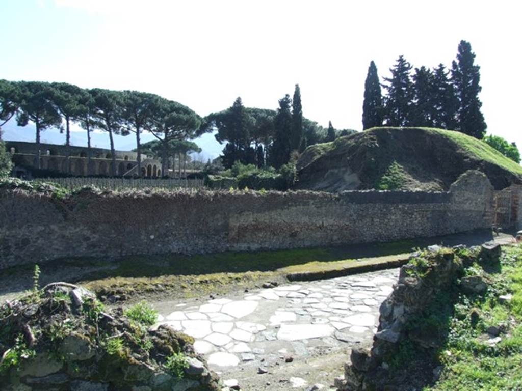 II.5.4 Pompeii.  March 2009. 
Looking south towards wall on Via dellAbbondanza.
