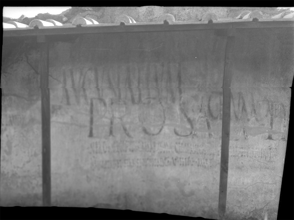 II.7.7 Pompeii. Palaestra. 1939. North wall which contained inscriptions CIL IV 7988, CIL IV 7989 and CIL IV 7588, no longer conserved.
DAIR 39.939. Photo  Deutsches Archologisches Institut, Abteilung Rom, Arkiv.
See Varone, A. and Stefani, G., 2009. Titulorum Pictorum Pompeianorum, Rome: Lerma di Bretschneider. (p.222-3)
According to Epigraphik-Datenbank Clauss/Slaby (See www.manfredclauss.de) these read

]ium / [3]io      [CIL 04, 07988a]

[Pro salute Neron]is / [3] Pompeis pr(idie) Non(as) et Non(is) Iun(iis) // Claudi[o Vero feliciter(?)]      [CIL 04, 07988b-c]

Augustalium      [CIL 04, 07988d]

Flora(lia?)      [CIL 04, 07988e]

Pro salute / Neronis Claudi Caesaris Aug(usti) Germanici Pompeis Ti(beri) Claudi Veri venatio / athletae et sparsiones erint V IIII K(alendas) Mart(ias) CCCLXXIII // Claudio Vero felic(iter)     [CIL 04, 07989a]

Celer lorarius Maio delibat / Maio principi coloniae felic(iter)      [CIL 04, 07989b]

Polybium aed(ilem) o(ro) v(os) f(aciatis)      [CIL 04, 07588]

