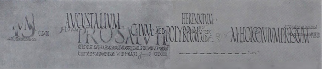 II.7.7 Pompeii. Palaestra. 1939. North wall inscriptions, no longer conserved. 
See Notizie degli Scavi di Antichit, 1939, p. 308-9, figs. 21, 22.
According to Varone and Stefani these are CIL IV 7586 to 7592 and CIL IV 7988 to 7589.
See Varone, A. and Stefani, G., 2009. Titulorum Pictorum Pompeianorum, Rome: Lerma di Bretschneider. (p.222-3)
According to Epigraphik-Datenbank Clauss/Slaby (See www.manfredclauss.de) these read

Ceium aed(ilem)      [CIL IV 7586]

Herennium
aed(ilem) o(ro) v(os) f(aciatis)      [CIL IV 7587]

Polybium aed(ilem) o(ro) v(os) f(aciatis)     [CIL IV 7588]

M(arcum) Holconium Priscum IIvir(um) i(ure) d(icundo)      [CIL IV 7589]

T(h)yasotas      [CIL IV 7590]

Visu      [CIL IV 7591]

Q(uintum) D() V()      [CIL IV 7592]

]ium / [3]io      [CIL IV 7988a]

[Pro salute Neron]is
[3] Pompeis pr(idie) Non(as) et Non(is) Iun(iis)
/
Claudi[o Vero feliciter(?)]      [CIL IV 7988b-c]

Augustalium      [CIL IV 7988d]

Flora(lia?)      [CIL IV 7988e]

Pro salute
Neronis Claudi Caesaris Aug(usti) Germanici Pompeis Ti(beri) Claudi Veri venatio
athletae et sparsiones erint V IIII K(alendas) Mart(ias) CCCLXXIII
/
Claudio Vero felic(iter)     [CIL IV 7989a]

Celer lorarius Maio delibat
Maio principi coloniae felic(iter)      [CIL IV 7989b]
