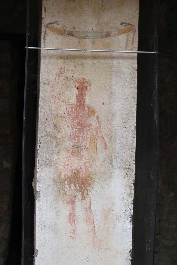 II.9.1 Pompeii. December 2018.  
Detail of painting of Bacchus on south face of column on the north side of the triclinium 8.
Photo courtesy of Aude Durand.
Kuivalainen comments 
A young half-naked Bacchus wearing a cloak is teasing a panther with a bunch of grapes. The large painting is very exceptional on a garden pillar. The strong jaw line is also seen in some Republican coins.
See Kuivalainen, I., 2021. The Portrayal of Pompeian Bacchus. Commentationes Humanarum Litterarum 140. Helsinki: Finnish Society of Sciences and Letters, (p.115, C15).

