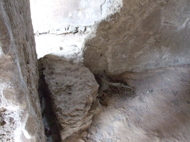 III.4.b. Pompeii.  March 2009. Room 3.  Oecus.  West wall.  Detail of wall painting of figure.