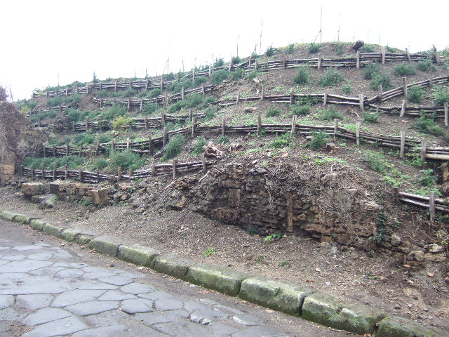 III.7.2 Pompeii. September 2005. Site of entrance doorway, on left.
Site of entrance doorway to III.7.3 on right of photo.
