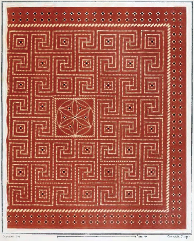V.1.18 Pompeii.  1882 painting of mosaic floor in oecus “n”.
See Presuhn E., 1882. Pompeji: Die Neuesten Ausgrabungen von 1874 bis 1881. Leipzig: Weigel. Abtheilung II, p. 5, Taf. VII.
