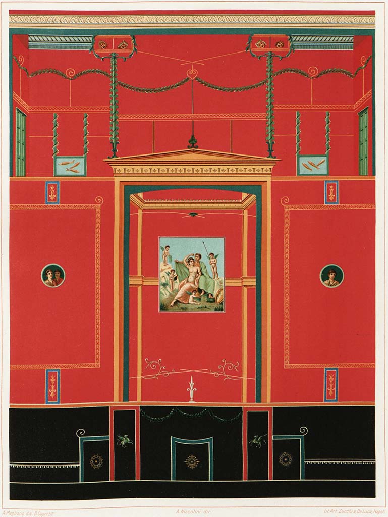 V.1.18 Pompeii. 1890 painting by A. Magliano of north wall of Exedra “o”. 
See Niccolini F, 1890. Le case ed i monumenti di Pompei: Volume Terzo. Napoli, L’Arte in Pompei, tav. XL. 
