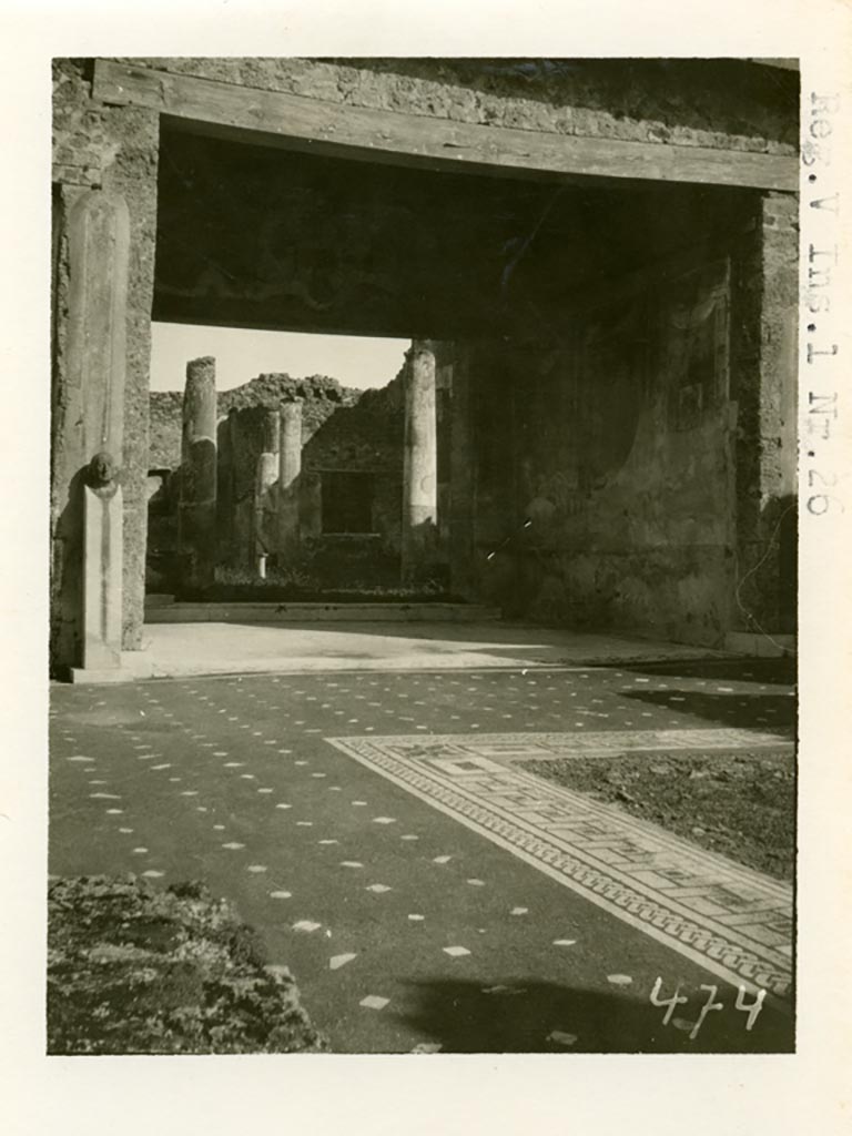 V.1.26 Pompeii. Pre-1937-1939. Looking east across atrium flooring towards tablinum. 
Photo courtesy of American Academy in Rome, Photographic Archive. Warsher collection no. 474.
