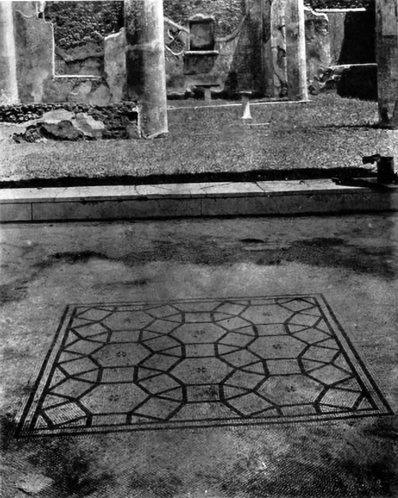 V.1.26 Pompeii. c.1930. Looking east from flooring in tablinum, “i”, across peristyle “L”.
See Blake, M., (1930). The pavements of the Roman Buildings of the Republic and Early Empire. Rome, MAAR, 8, (p. 114, 122, & Pl.23, tav.4).

