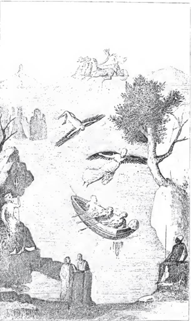 V.2.10 Pompeii. Room 9, cubiculum, north wall. 1890 drawing of wall painting of Daedalus and Icarus. See Mitteilungen des Kaiserlich Deutschen Archaeologischen Instituts, Roemische Abtheilung Volume XXVI, 1890, p. 264.