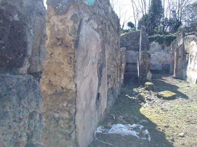 V.3.10 Pompeii. March 2009. Hearth on south wall of kitchen.  According to Boyce, a single serpent was painted on the wall beside the hearth. No longer visible. He quoted Not.Scavi, 1902,203 as his reference. See Boyce G. K., 1937. Corpus of the Lararia of Pompeii. Rome: MAAR 14. (p.39, no.115) 

