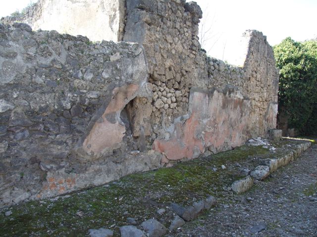 V.3.11 Pompeii. March 2009. Entrance doorway with benches on either side. Front street wall, with painted plaster, some of it fallen on the pavement on the west side of Vicolo di Lucrezio Frontone.


