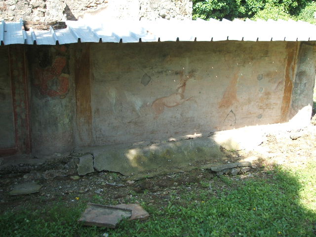 V.5.a Pompeii. May 2005. Looking in to V.5.3.  Un-numbered rear entrance from Vicolo dei Gladiatori, (it is unnumbered on the Eschebach plans). According to Van der Poel, it was numbered as V.5.A. This posticum, together with the stables were destroyed when it was bombed in 1943, See Van der Poel, H. B., 1986. Corpus Topographicum Pompeianum, Part IIIA. Austin: University of Texas. (p.80)

 