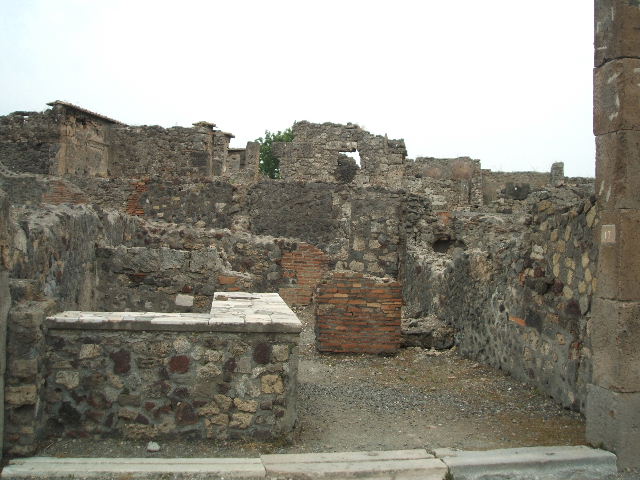VI.1.17 Pompeii. December 2007. Looking north along marble counter with display shelves.