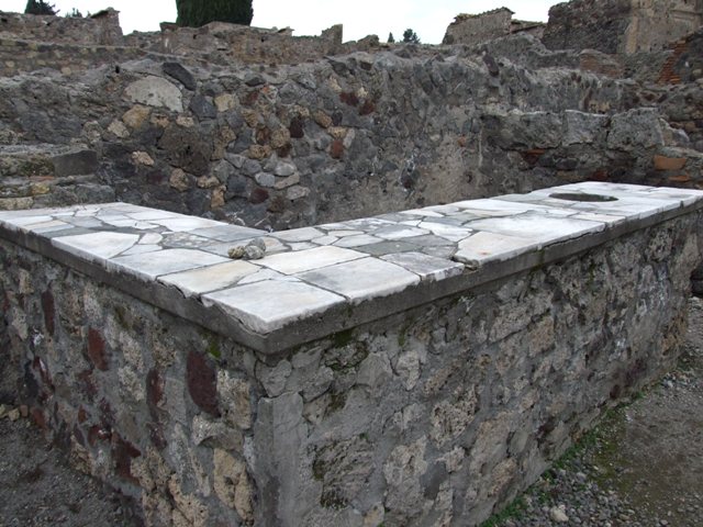 VI.1.17 Pompeii. May 2010. Two-sided bar counter with display shelves. Looking east.