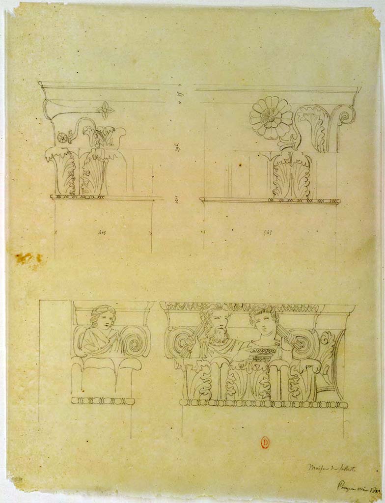 VI.2.4 Pompeii. May 1823. Sketches of capitals, at the top, they are of the capital on west side of north ala.
The lower sketches show details of the capital on the south side of the house entrance doorway.
See Chenavard, Antoine-Marie (1787-1883) et al. Voyage d'Italie, croquis Tome 3, pl. 143.
INHA Identifiant numérique : NUM MS 703 (3). See Book on INHA 
Document placé sous « Licence Ouverte / Open Licence » Etalab   

