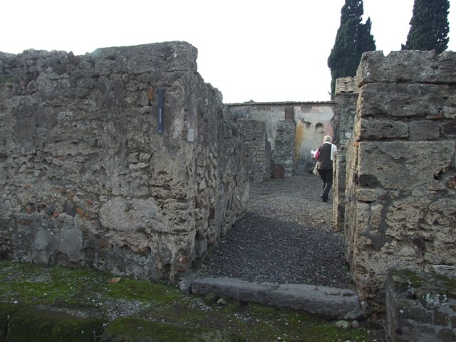 VI.2.24 Pompeii. September 2005. Looking north-west at stone steps. 
On the north side of the steps, on the right, was a small storeroom or cupboard. At the rear of the steps, on the west side, was an oecus, (not photographed). According to Helbig, a painting of Narcissus, was found in a room “well behind to the right”. See Helbig, W., 1868. Wandgemälde der vom Vesuv verschütteten Städte Campaniens. Leipzig: Breitkopf und Härtel. (1348)
