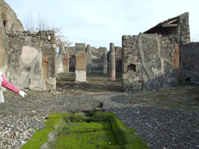 VI.5.5 Pompeii. December 2007. Looking south-east across peristyle, from west portico. See also VI.5.21.  According to Fiorelli, the garden area was enclosed by a portico on the west, north and east sides. In the middle of the garden was a pergola supported by four small slender columns painted with leaves and scales.  According to Jashemski, on the south wall was a painted garden scene, divided into three panels by the half-columns.
See Jashemski, W. F., 1993. The Gardens of Pompeii, Volume II: Appendices. New York: Caratzas. (p.125-6)
