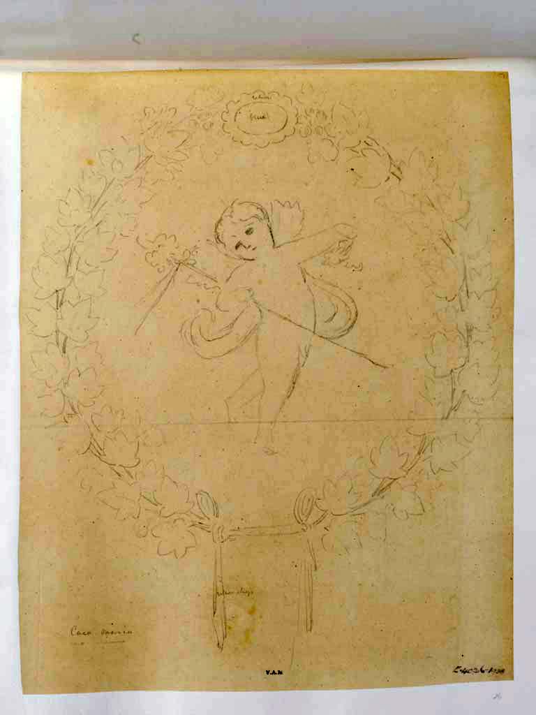 VI.8.3 Pompeii, c.1840. Drawing by James William Wild. Casa Omerica.
Room 15, medallion with cupid with thyrsus, surrounded by garlands, from side panel.
Photo © Victoria and Albert Museum, inventory number E.4026-1938. 

