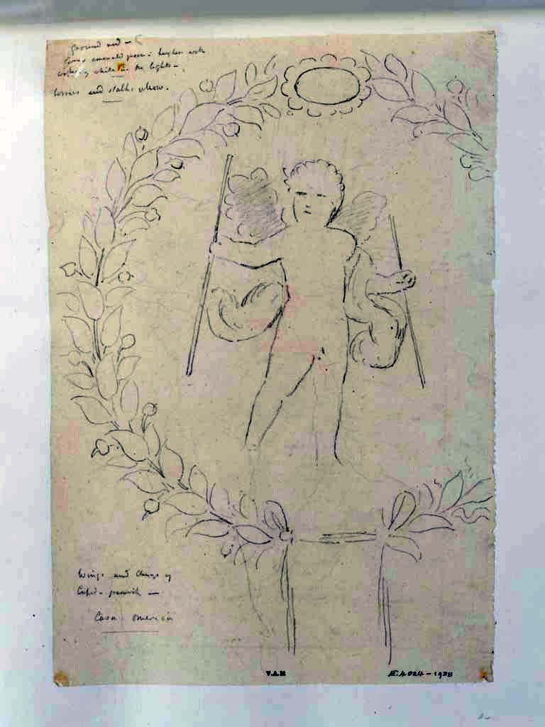 VI.8.3 Pompeii, c.1840. Drawing by James William Wild. Casa Omerica.
Room 15, medallion with cupid with two sticks, surrounded by garlands, from side panel.
Photo © Victoria and Albert Museum, inventory number E.4024-1938. 
