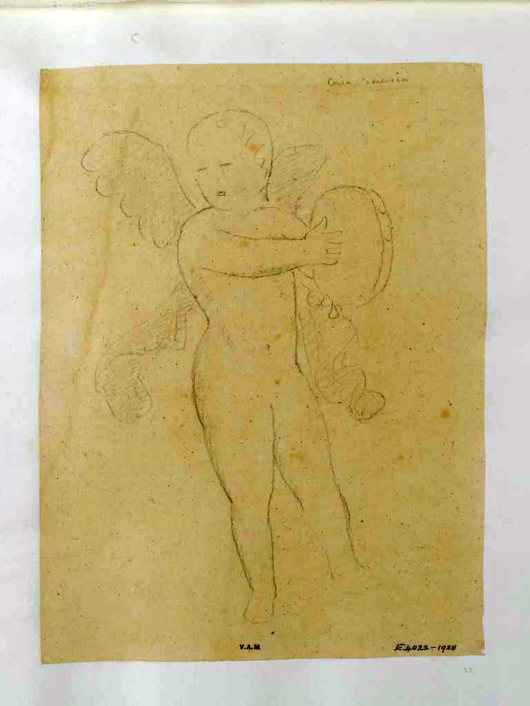 VI.8.3 Pompeii, c.1840. Casa Omerica. Drawing of a cupid with tambourine by James William Wild, perhaps from a side panel in room 15. (see above)
Photo © Victoria and Albert Museum, inventory number E.4022-1938. 
