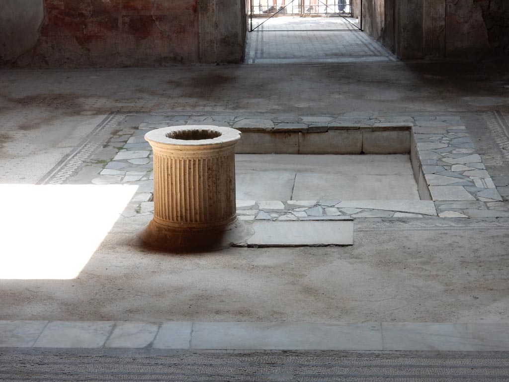 VI.8.3/5 Pompeii. May 2015. 
Looking south towards across impluvium in atrium towards entrance corridor to VI.8.5. Photo courtesy of Buzz Ferebee.
