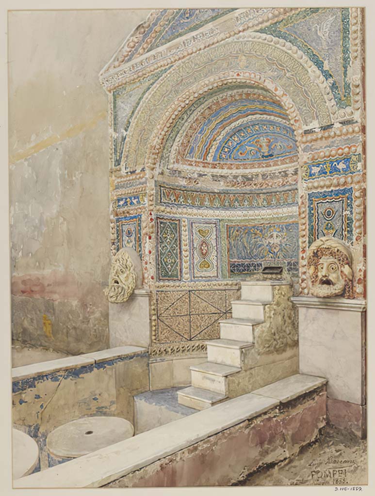 VI.8.22 Pompeii. c.1888? Watercolour by Luigi Bazzani, mosaic fountain with cascade and tragic masks.
Photo © Victoria and Albert Museum. Inventory number 115-1889.
