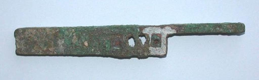 VI.9.1 Bronze cut out metal bolt, moving part of a lock. Side 1. OA 2026 Pne en mtal dcoup, pice mobile d'une serrure, muse Cond, photo RMN  R.G. Ojeda