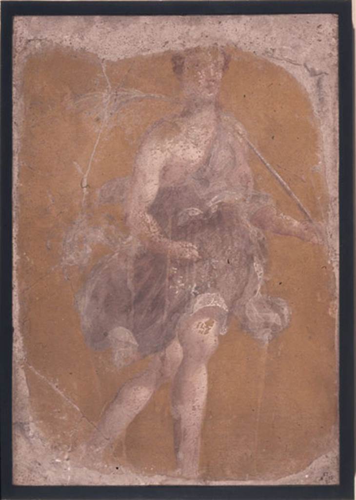 VI.9.6 Pompeii. Room 6. West side of north-west pilaster in peristyle. Fresco painting of a female figure with palm leaf and garland.
Photo © Trustees of the British Museum. Inventory number 1857,0415.2.
