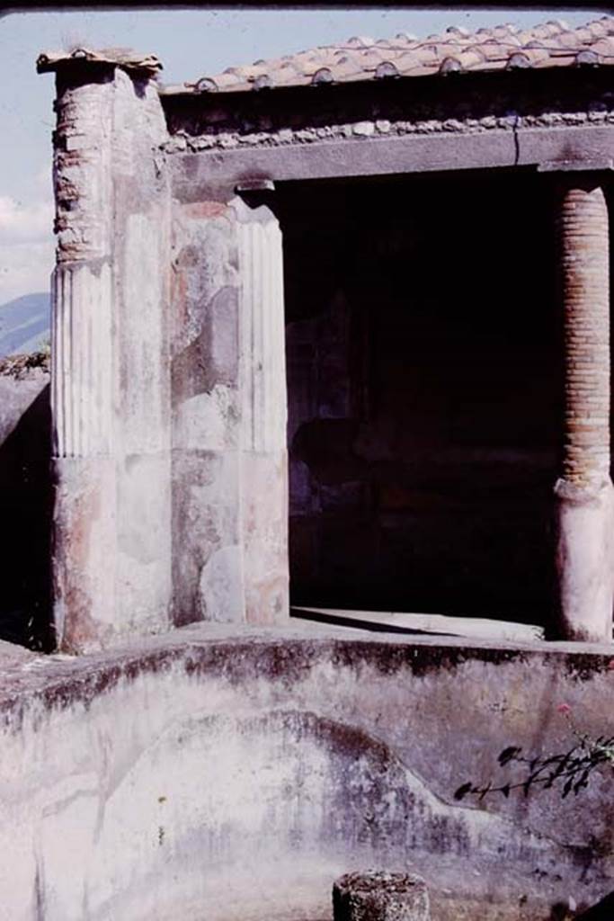 VI.9.6 Pompeii, 1978. Room 6, looking south-east across deep pool in peristyle. 
Photo by Stanley A. Jashemski.   
Source: The Wilhelmina and Stanley A. Jashemski archive in the University of Maryland Library, Special Collections (See collection page) and made available under the Creative Commons Attribution-Non Commercial License v.4. See Licence and use details. J78f0186
